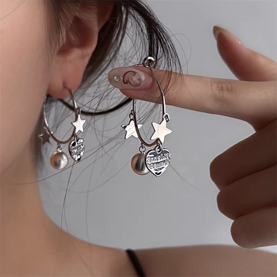 简约冷酷风银色金属星星爱心耳环女2025年新款小众设计感耳坠耳饰