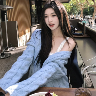 学生甜美宽松软糯针织开衫 蓝色温柔风麻花毛衣外套女秋冬新款 上衣