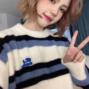 复古vintage条纹针织毛衣女秋冬学生设计感小众慵懒风软糯糯上衣