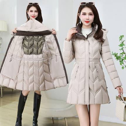 羽绒棉服女中长款2024新款修身显瘦棉衣加厚保暖免洗连帽棉袄外套