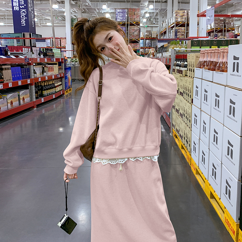 现货秋装韩版简约花边拼接半身裙两件套装2022512P145控218