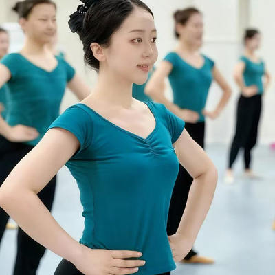 成人舞蹈服女生短袖新款v领现代古典舞上衣学生集训练功服孔雀蓝
