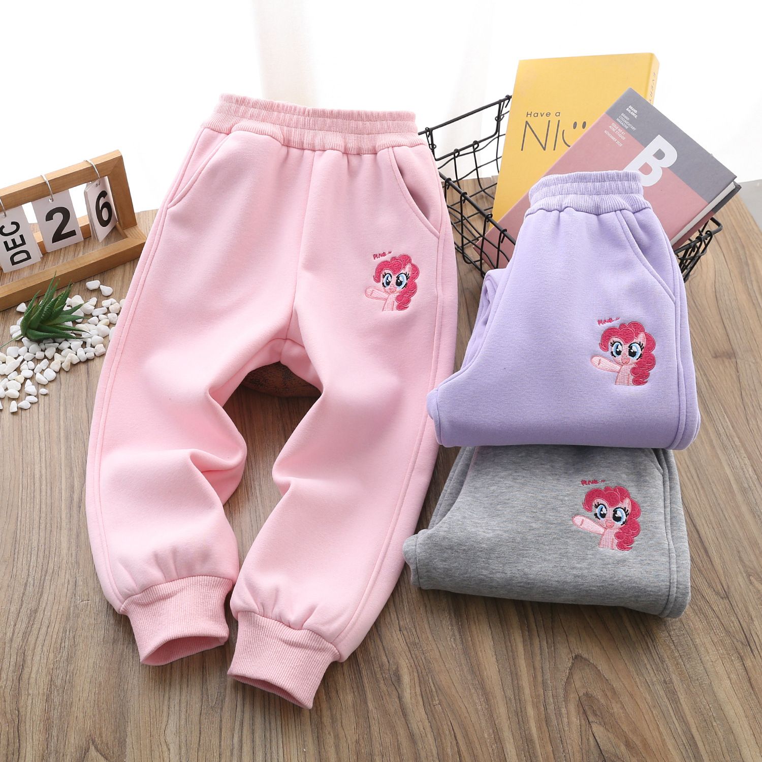 NASA女童小马宝莉刺绣松紧束脚裤子儿童刺绣加厚磨毛一体绒运动裤