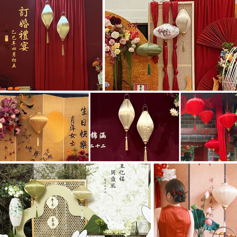 新中式橄榄灯笼绸缎婚庆宫灯中国风越南古典布艺古风装饰节日新年