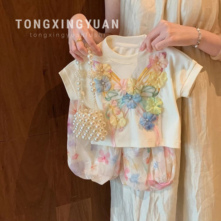 吧啦品牌折扣女童洋气套装2025新款夏装小童女宝宝短袖上衣灯笼裤