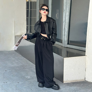 风高级感宽松套装 春秋女装 两件套工装 皮衣阔腿裤 洋气时髦 黑色短款