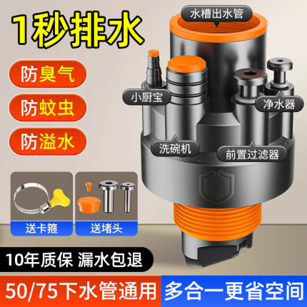 厨房下水管三通防返臭三合一神器排水接头水槽净水器洗菜盆分流器