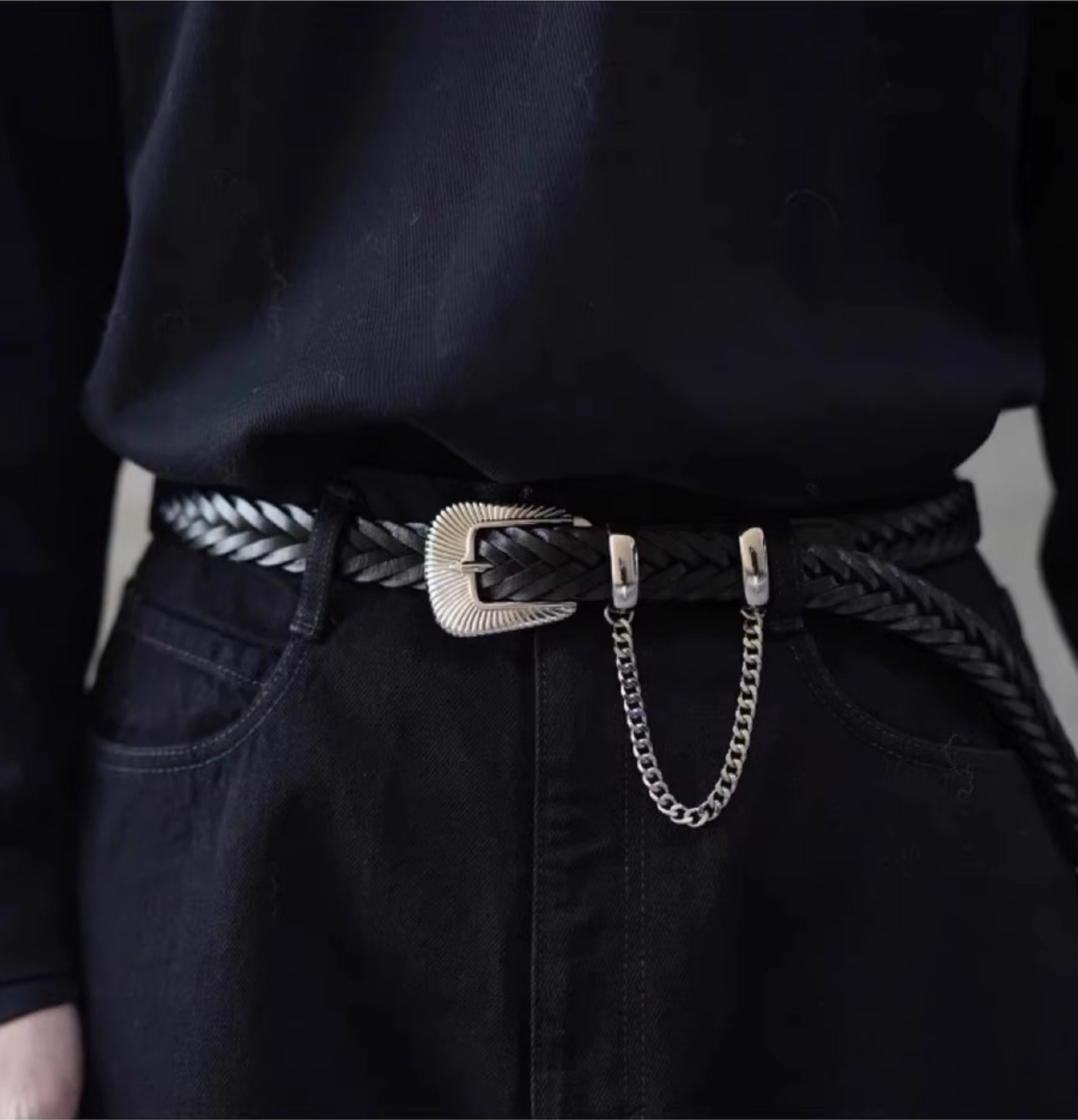 小众JieDa牛皮编织腰带黄铜复古西部装饰链条皮带男女同款91yxng