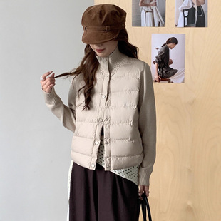 汇鹏冬新款空气棉绒服女针织袖保暖纽扣开衫外套轻薄设计感上衣