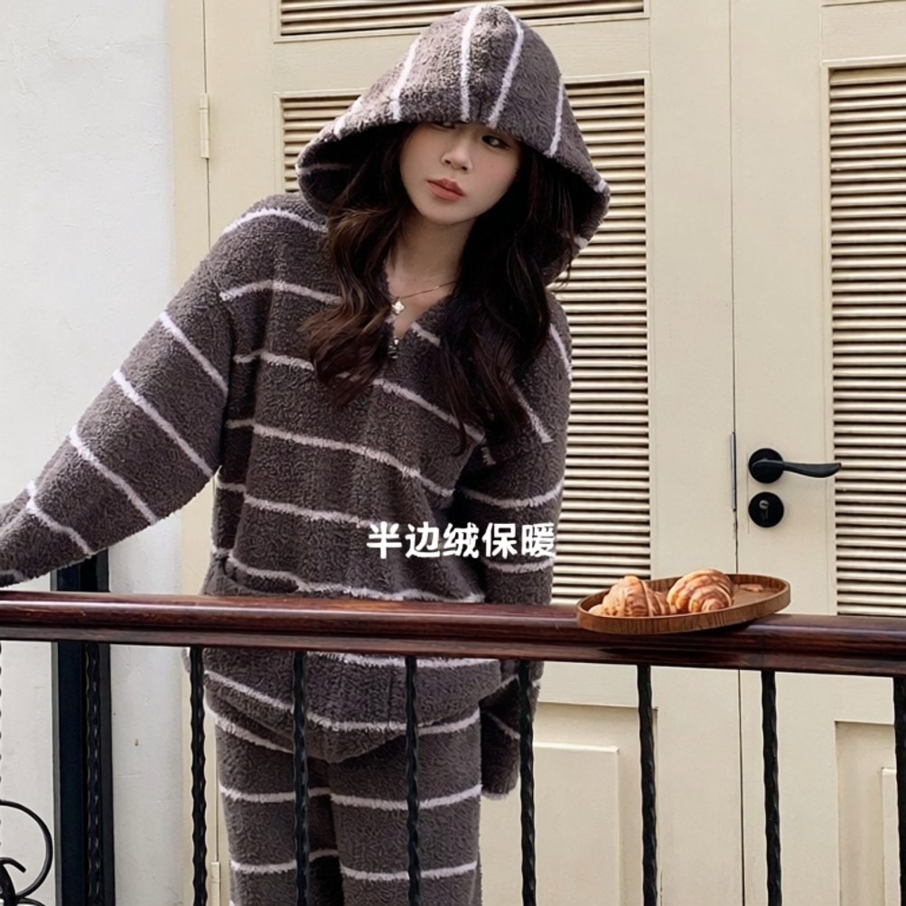 半边绒睡衣女2025冬季款连帽