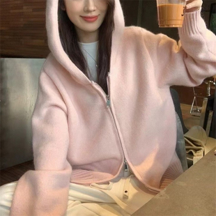安婷露纯色慵懒风连帽开衫女2024秋冬新款双拉链针织毛衣外套女