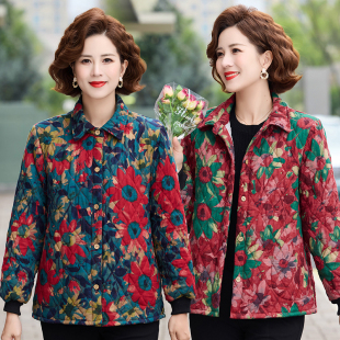 夹棉洋气休闲衬衫 妈妈装 棉麻花色薄棉袄春秋装 中老年女装 外套 新款