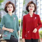 宽松新中式 中老年女装 绣花国风款 打底衫 妈妈装 秋装 假两件套针织衫