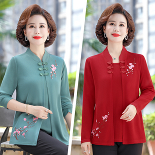 妈妈装假两件套针织衫中老年女装宽松新中式绣花国风款打底衫秋装