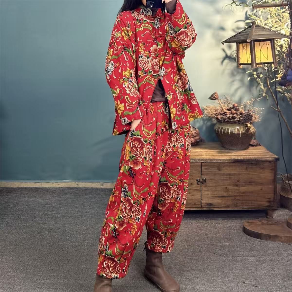 民族风东北大花外套秋装个性加绒款夹克外套休闲哈伦裤女两件套装