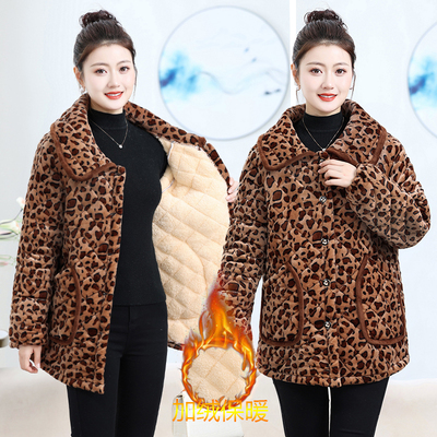 豹纹加绒棉衣女中长款宽松翻领保暖棉服中老年女加绒加厚家居服