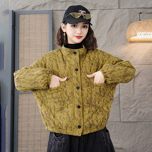 女士加绒加厚棉袄短款洋气秋冬装立领个性灯芯绒条绒个性保暖棉衣