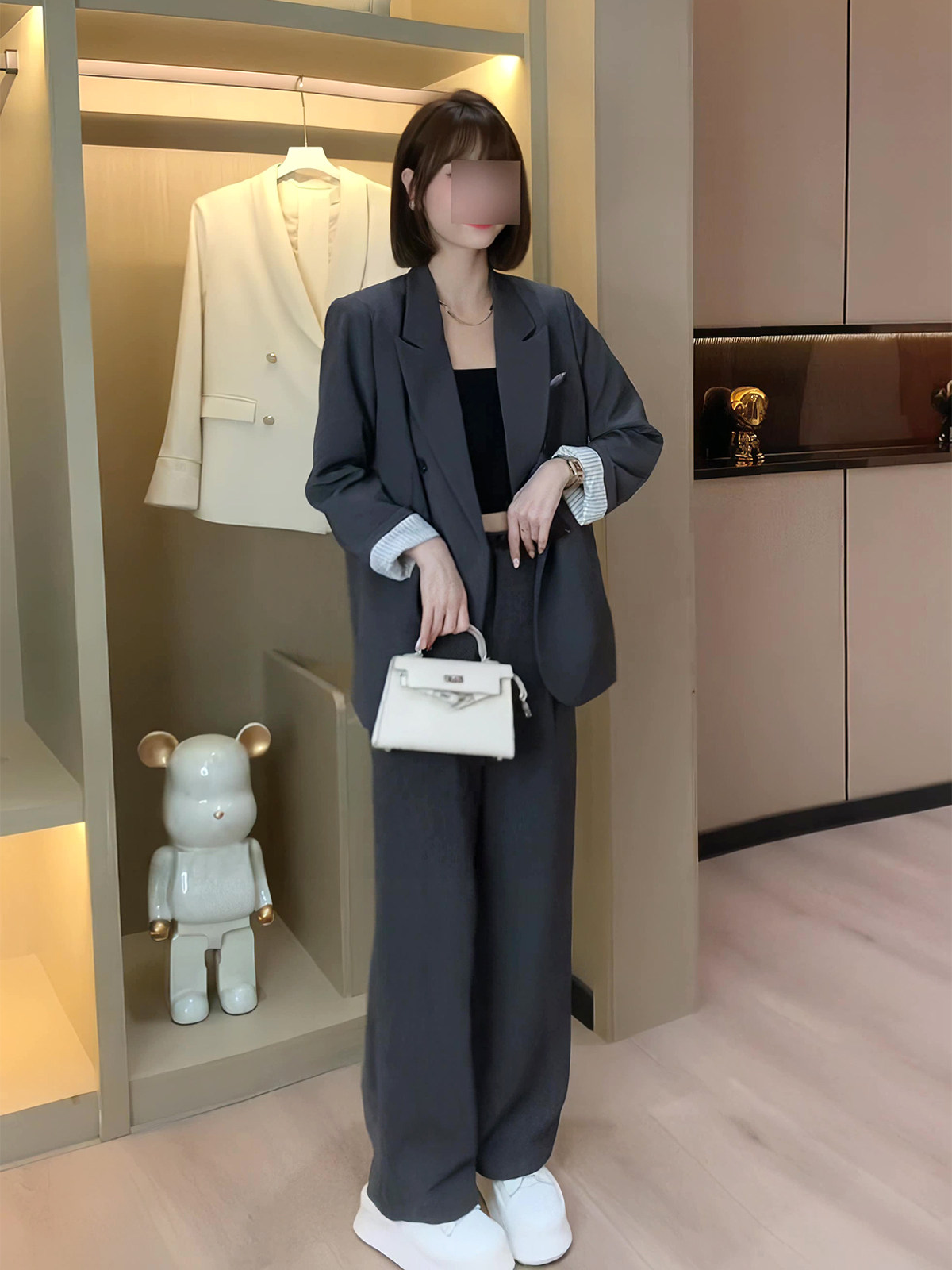 가을 캐주얼 패션 정장 여성의 새로운 디자인 회색 정장 재킷 슬리밍 넓은 다리 바지 투피스 세트