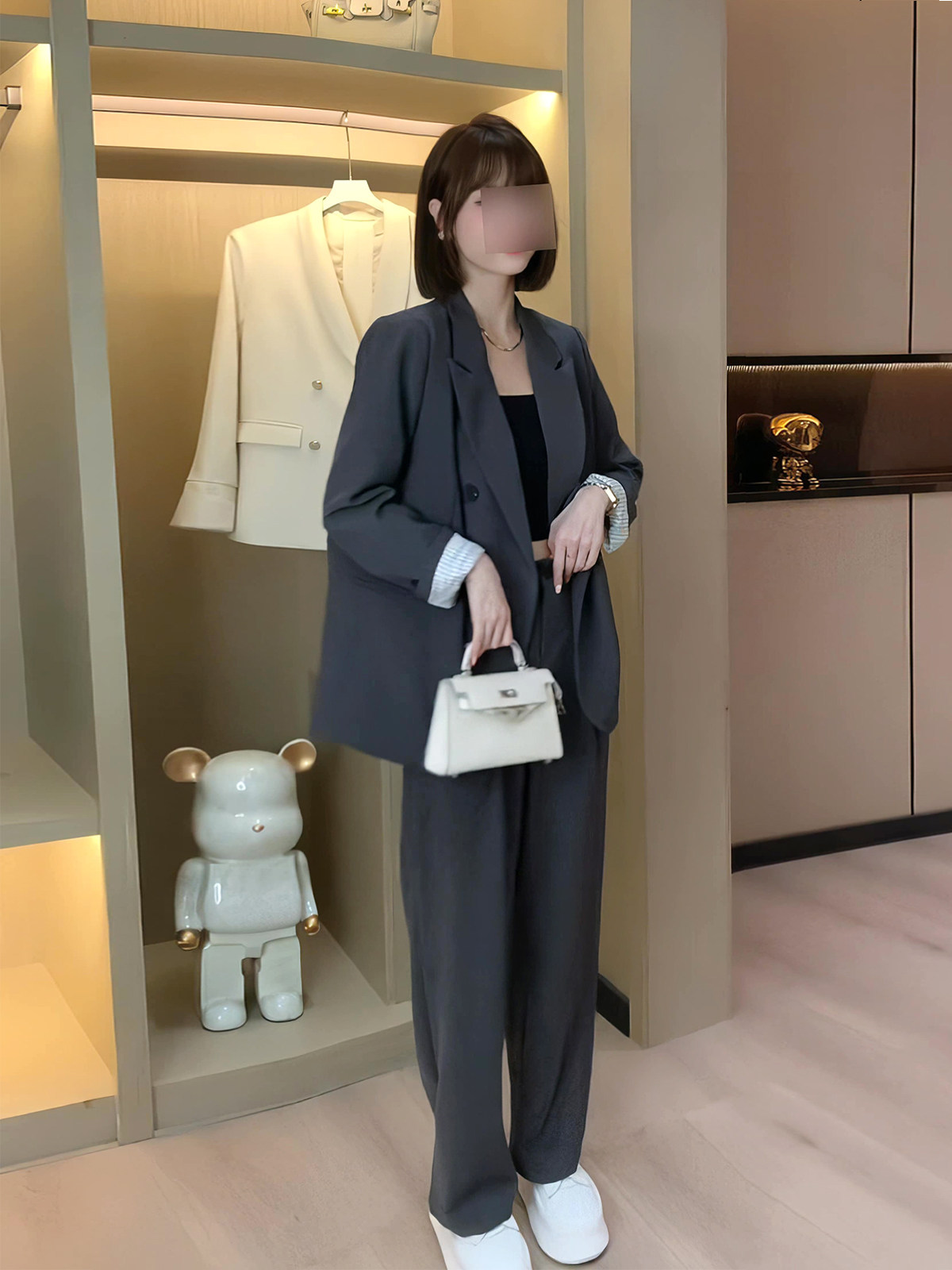 가을 캐주얼 패션 정장 여성의 새로운 디자인 회색 정장 재킷 슬리밍 넓은 다리 바지 투피스 세트