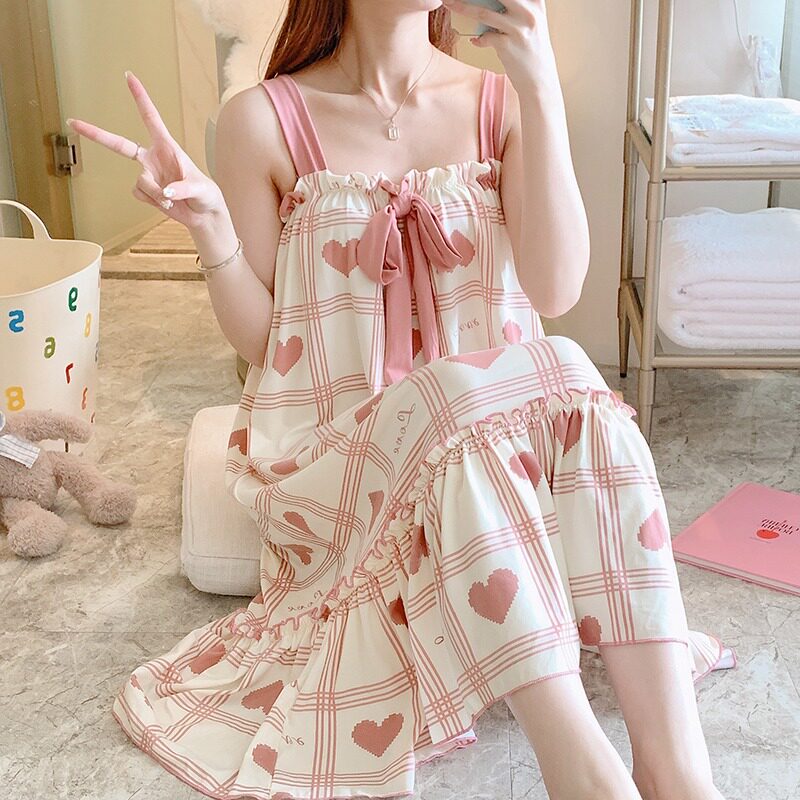 加肥加大码睡裙女夏季纯棉长款过膝吊带睡衣宽松胖mm200斤可外穿