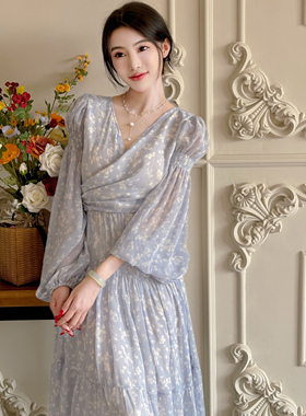 DAC【海蓝花屿】温柔绑带V领收腰显瘦长袖雪纺碎花连衣裙长款夏新