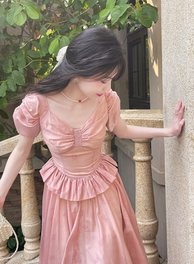 DAC【南洋少女】夏纯色高级感法式泡泡袖收腰显瘦茶歇连衣裙长裙