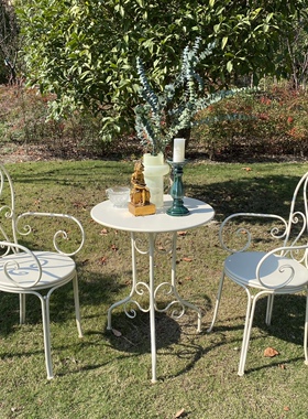 法式乡村铁艺做旧户外桌椅套件白色绿色花园庭院阳台客厅圆桌椅子