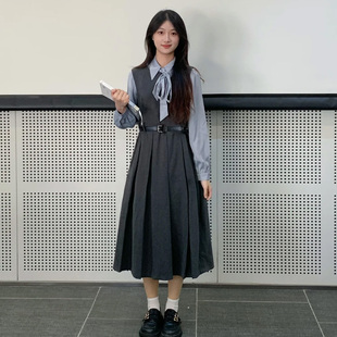 灰色无袖背心连衣裙女夏学院风穿搭大学生教资面试幼师园服工作服