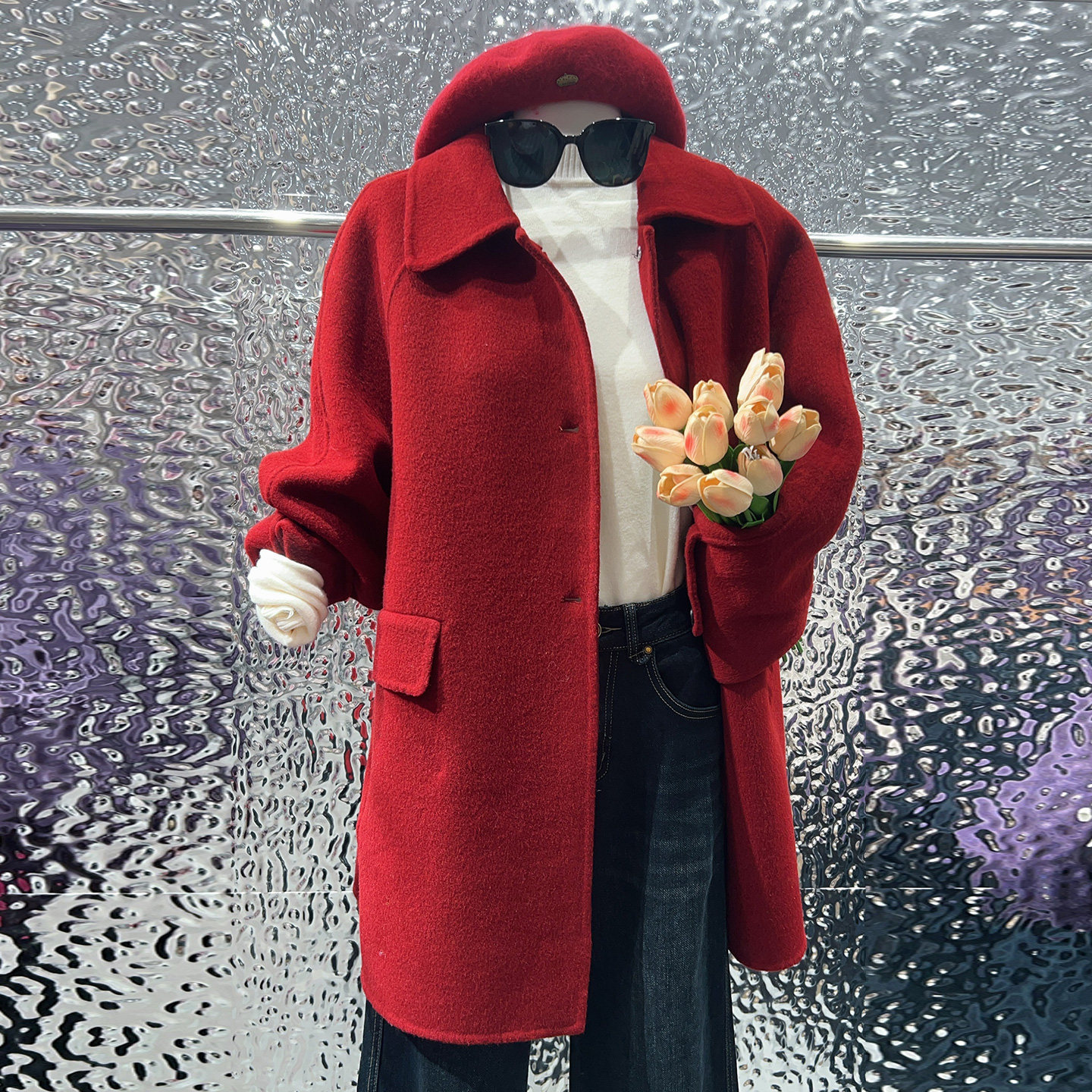 冬季红色双面羊绒大衣中长款外套