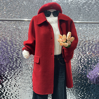 冬季红色双面羊绒大衣中长款外套