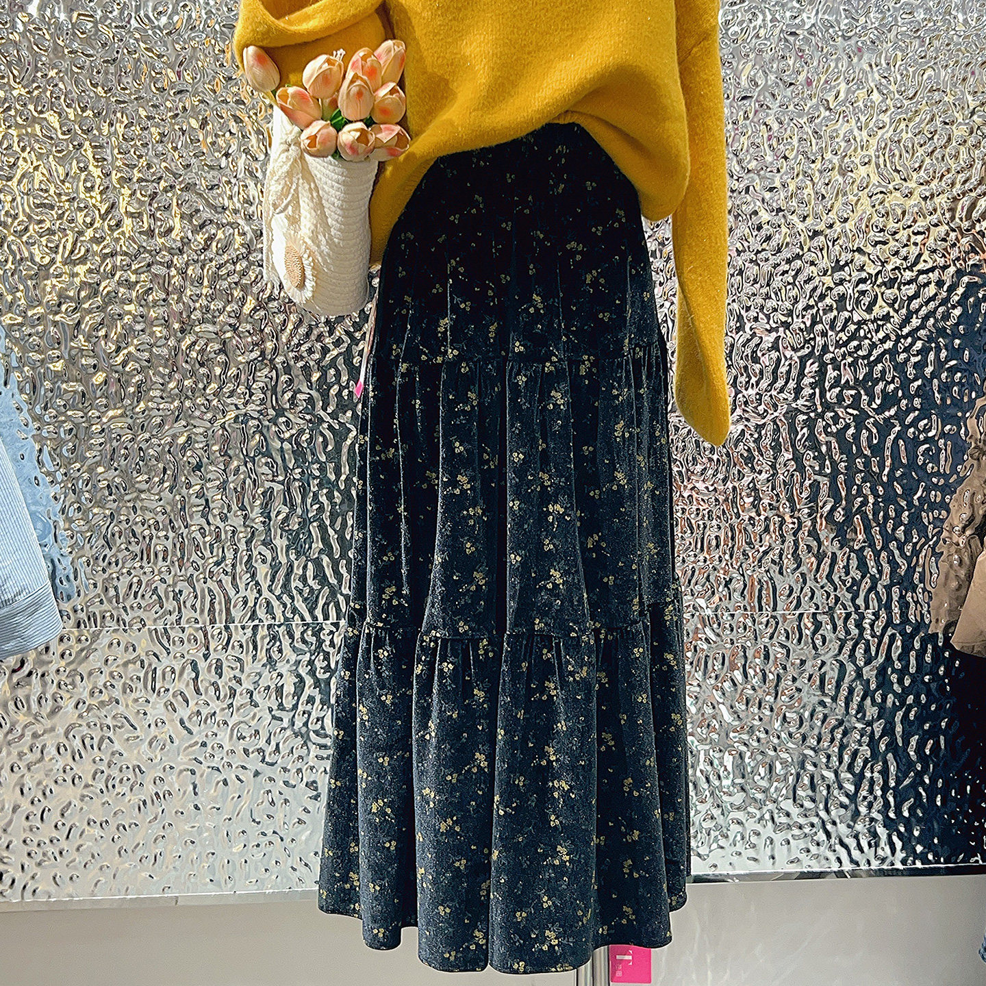 新款花色垂感半身裙松紧腰中长款