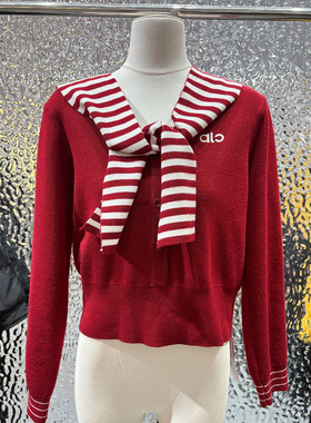 本命年红色条纹内搭新年毛衣女冬加厚保暖V领宽松打底针织衫上衣