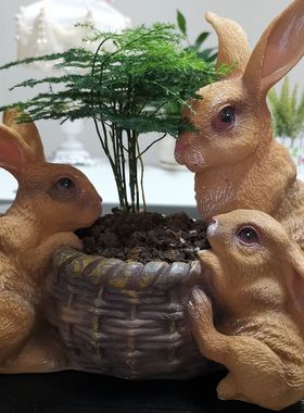 树脂多肉植物花盆仿真小兔子摆件