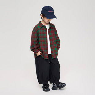 2026春季新款儿童撞色复古格子衬衫男中大童山系刺绣长袖衬衣外套