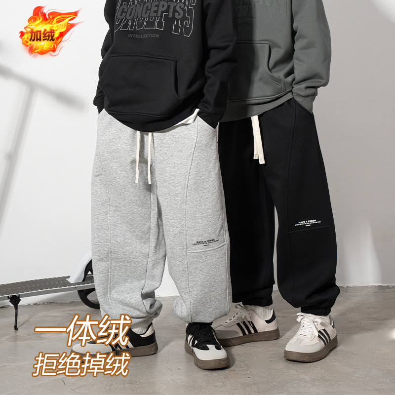 日单秋冬加绒加厚款男女初中大童束脚运动卫裤青少年外贸原单出口