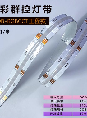 RGBCW 840灯双色温24V12MM全彩COB软灯带不防水RGB七彩氛围灯条