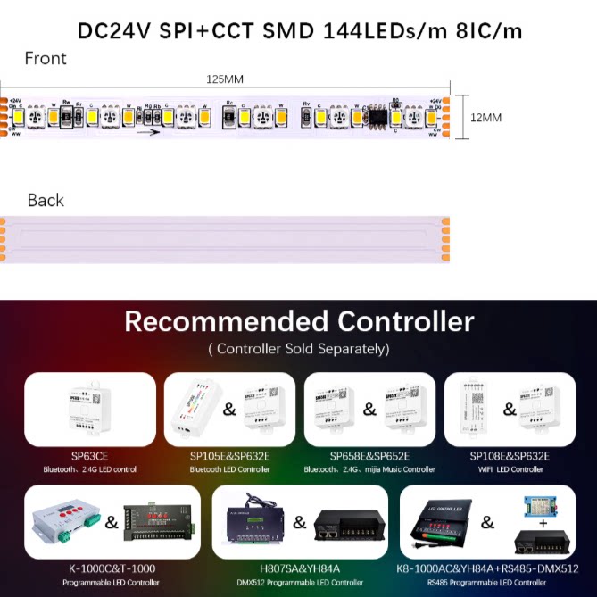 24V RGB+CCT幻彩双色温LED灯带144灯智能SPI可编程室内无主灯带