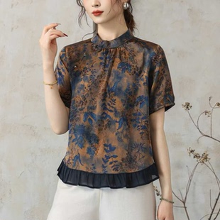 夏季 丝缎印花上衣T恤小衫 西子玫瑰2638优雅气质国风圆领斜襟短袖