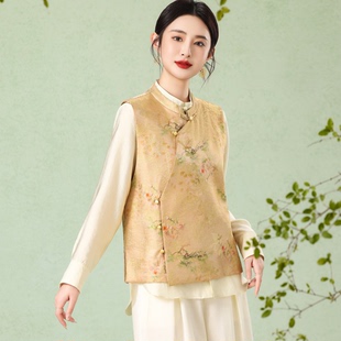 绮绣缘7988优雅气质立领斜襟丝缎国风印花女上衣马甲无袖 坎肩外搭