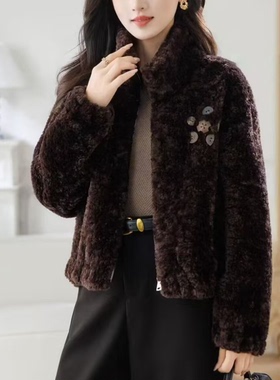 绮绣缘86628宽松软糯保暖皮毛一体短外套女百搭羊羔绒毛外套正品