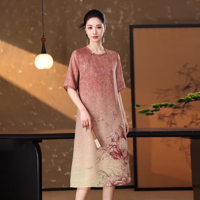 真丝短袖女装圆领显瘦中长连衣裙