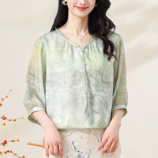 上衣T恤小衫 真丝国风印花女装 纱袖 YWFF2072优雅气质国风圆领中袖