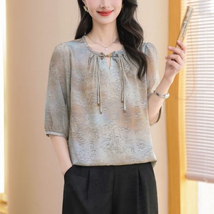 上衣T恤2026夏季 女装 2713国风优雅气质真丝民族风圆领一粒扣中袖
