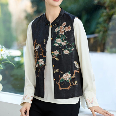 无袖坎肩国风刺绣对襟女优雅马甲