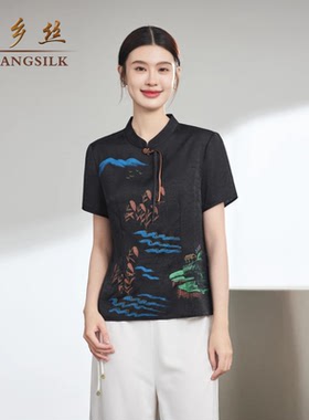 8828立领盘扣短袖手绘花真丝民族风小衫上衣T恤女装2025夏季新款