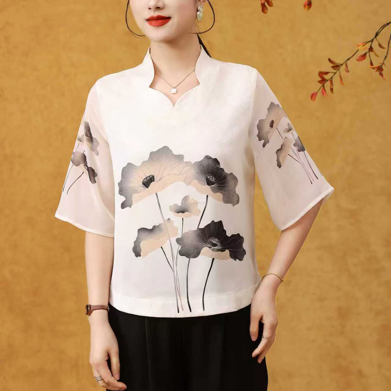 SYHY5013优雅气质国风印花真丝女装中袖上衣T恤小衫2026夏季新款