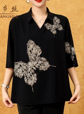 2537气质国风印花真丝大码阔版衫上衣T恤女装宽松优雅夏季新款