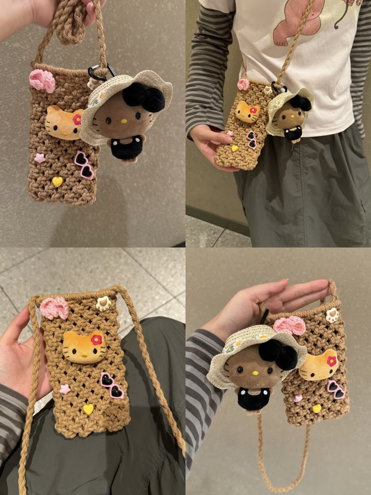 hellokitty黑皮手机包手工编织女斜挎包出行穿搭卡通镂空包伴手礼