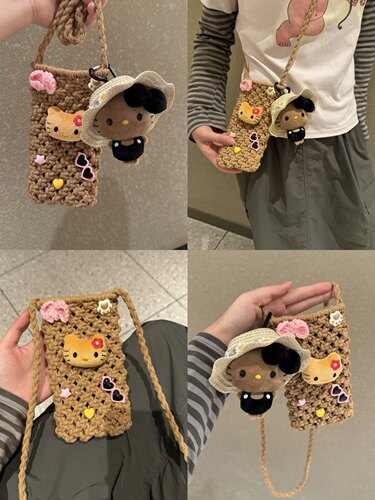 hellokitty黑皮手机包手工编织女斜挎包出行穿搭卡通镂空包伴手礼