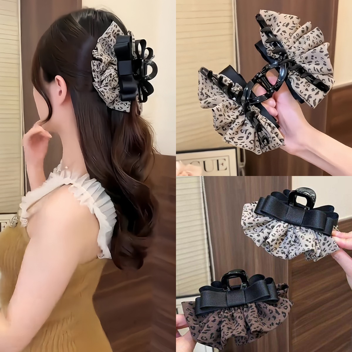 韩系豹纹蝴蝶结褶皱裙摆抓夹头饰女新款高级感后脑勺马尾发夹饰品